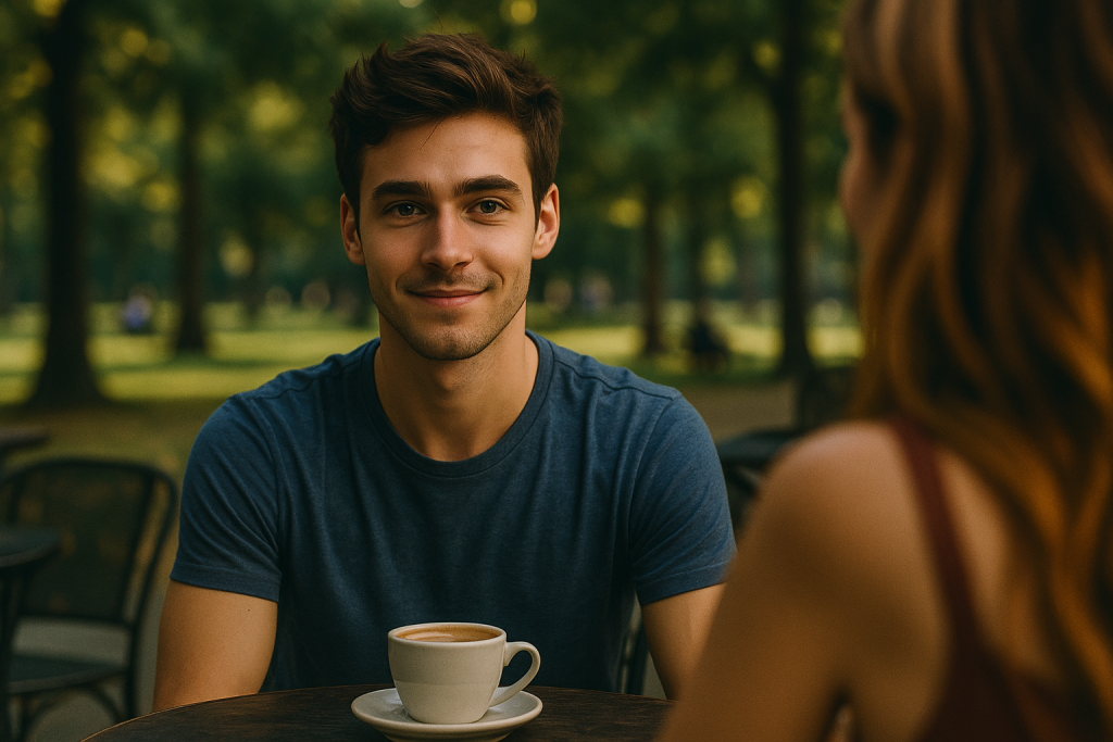 20250624_2128_Cafe Couple Moment_remix_01jygyempded7s4kdf3cstvqbg attractive man men unattractive beauty delusion